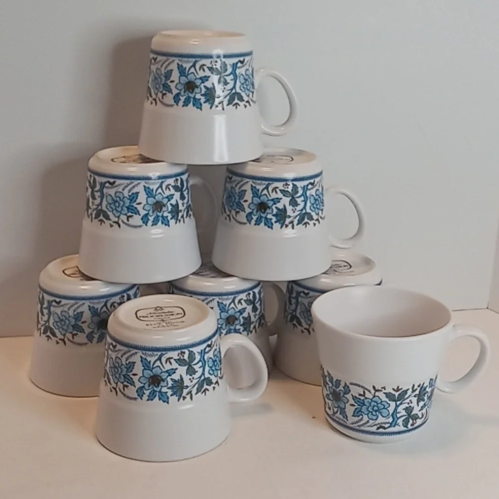 Vintage Noritake Blue Moon Pattern Porcelain Coffee Mugs / Tea Cups Set Of 8